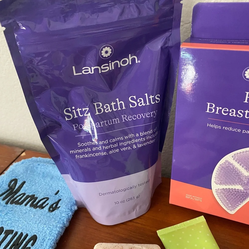 Lansinoh Breast Therapy Packs and Sitz Bath Salts postpartum gift set! All new!